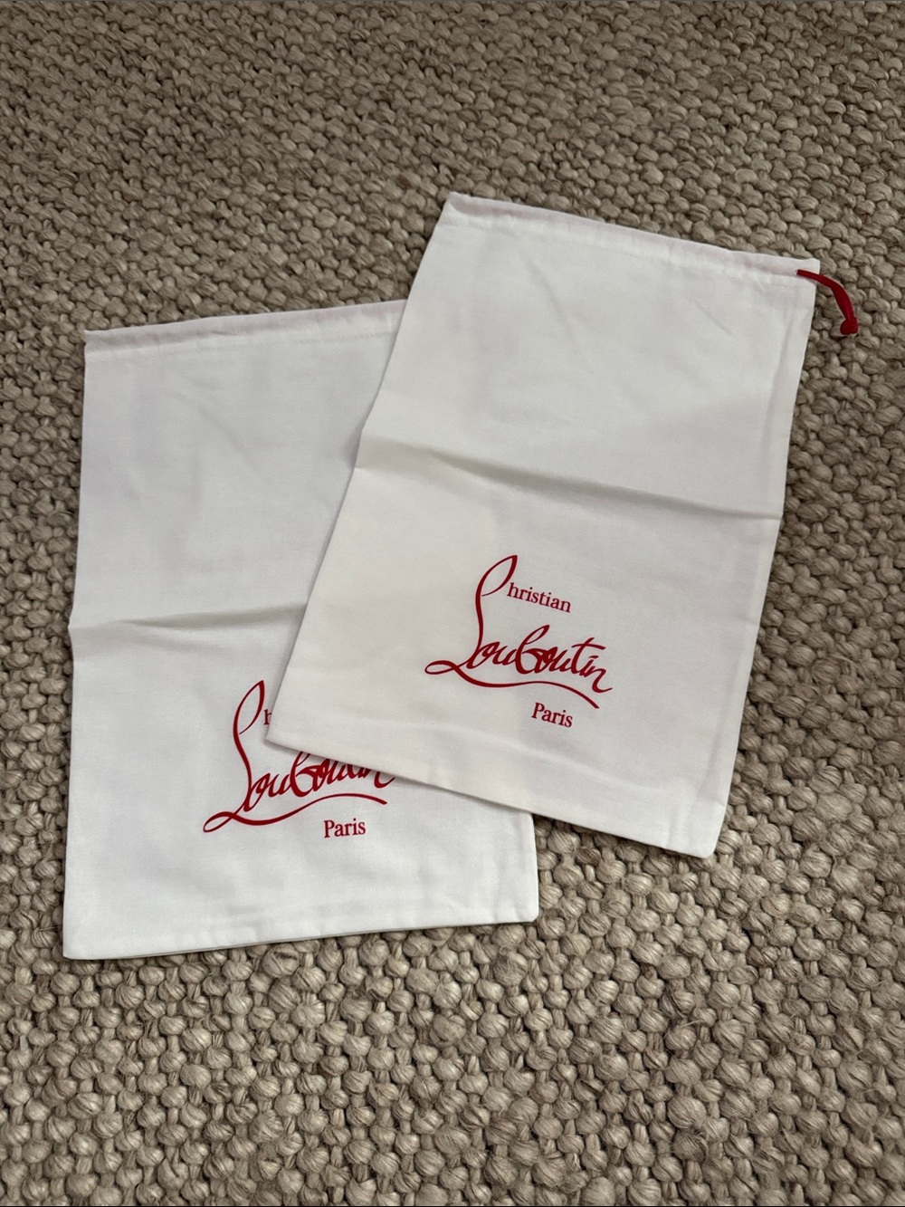 2 Authentic Christian Louboutin White Drawstring Dust Bags with Red Logo